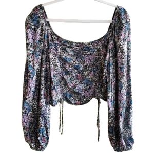 Wild Fable Floral Cropped Blouse Bishop Sleeve Cinched Size Large